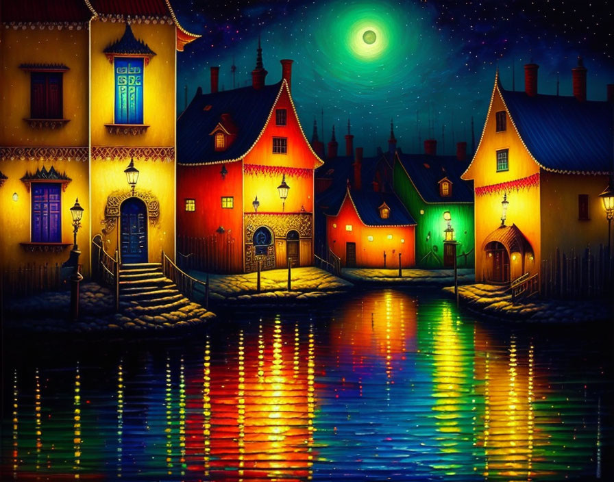 Vibrant houses by calm waterway under starry night sky