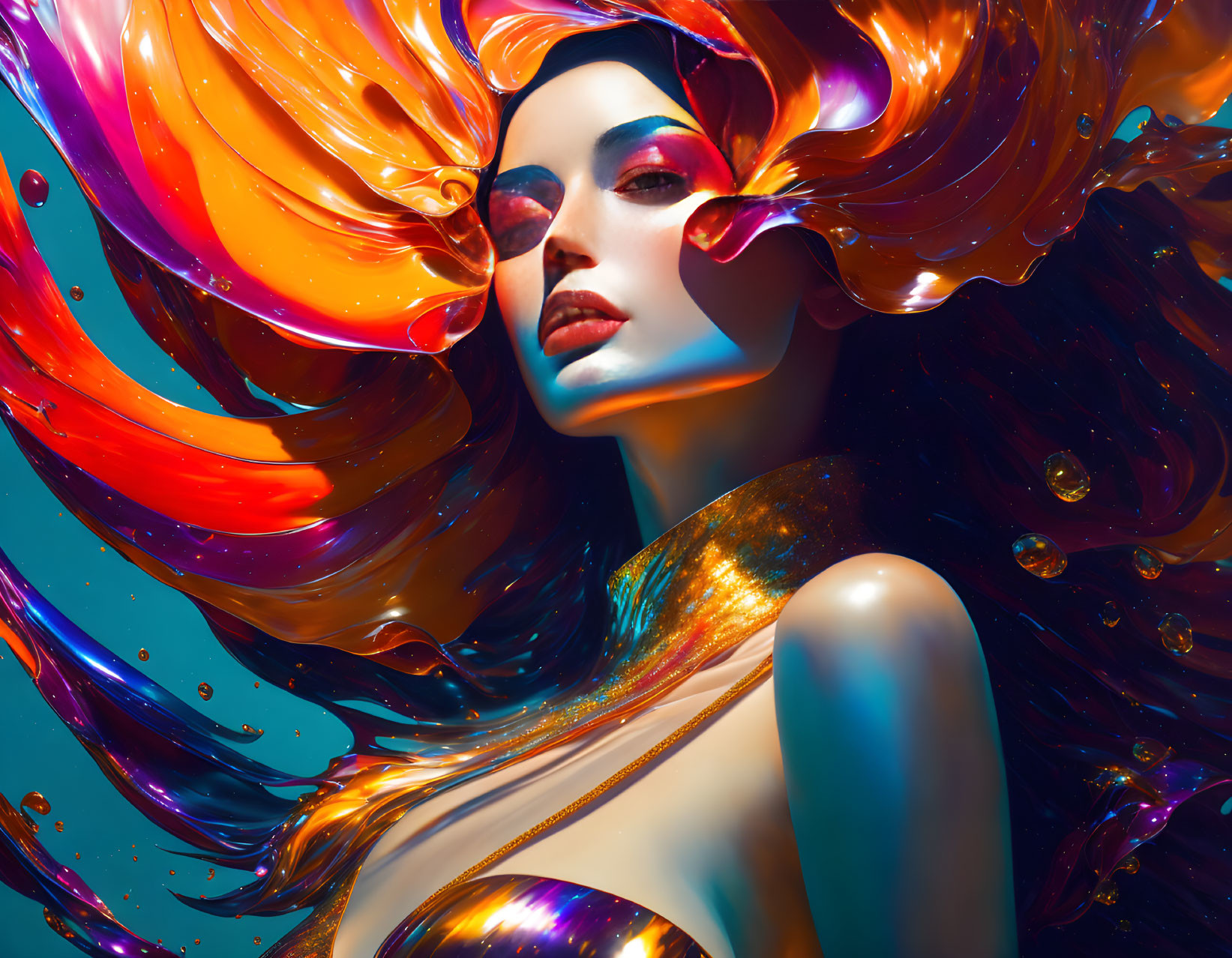 Colorful digital artwork: Woman with flowing hair in orange, red, and gold on blue background