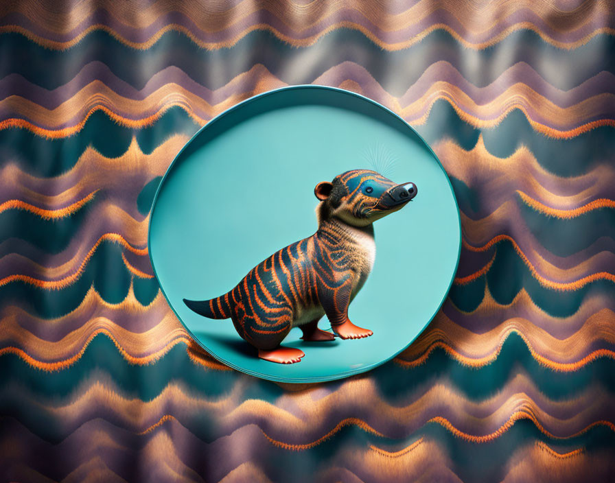 Stylized numbat on teal circle with wavy orange and blue background