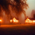 Cozy cottage in autumn twilight with foggy ambiance and glowing lamp post