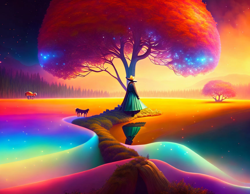 Colorful fantasy landscape: vibrant river, glowing wizard, animals, starry sky