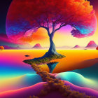 Colorful fantasy landscape: vibrant river, glowing wizard, animals, starry sky