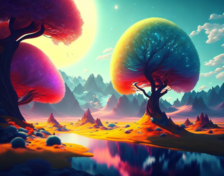 Colorful Fantasy Landscape: Vibrant Trees, Mountains, River, Starry Sky