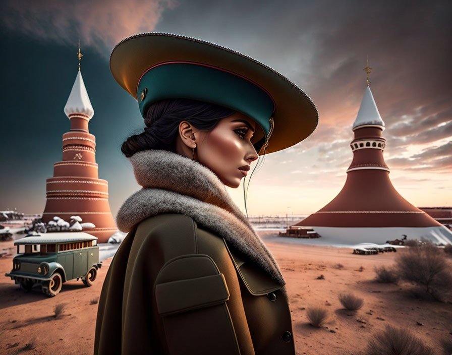 Woman in large hat against desert backdrop with stylized structures and vintage vehicle under evening sky