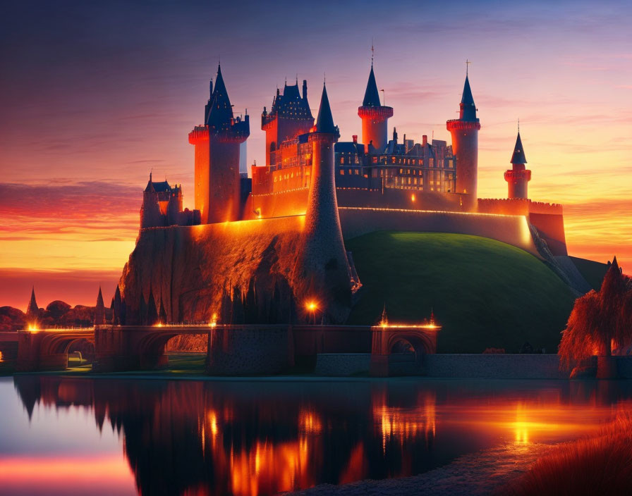 Majestic castle with spires and towers at sunset by tranquil lake