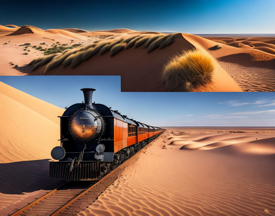 Desert landscape collage with sand dunes, grass tufts, and vintage train.