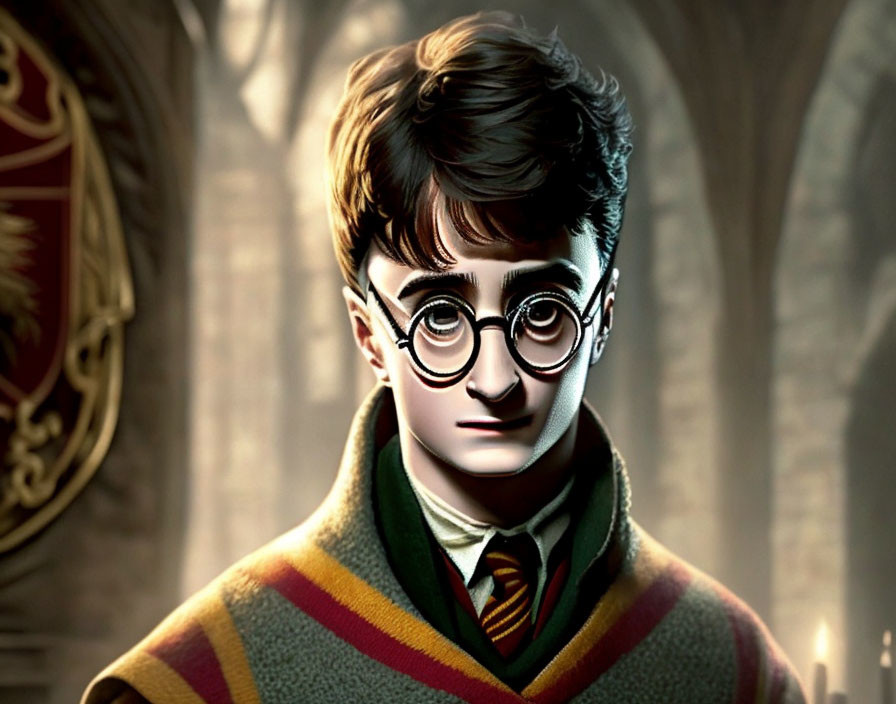 Young wizard in round glasses in candle-lit hall wearing striped scarf