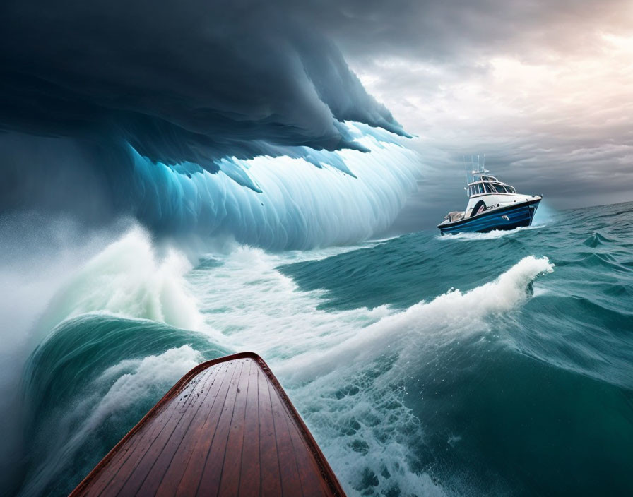 Boat fleeing massive ominous wave in stormy sea