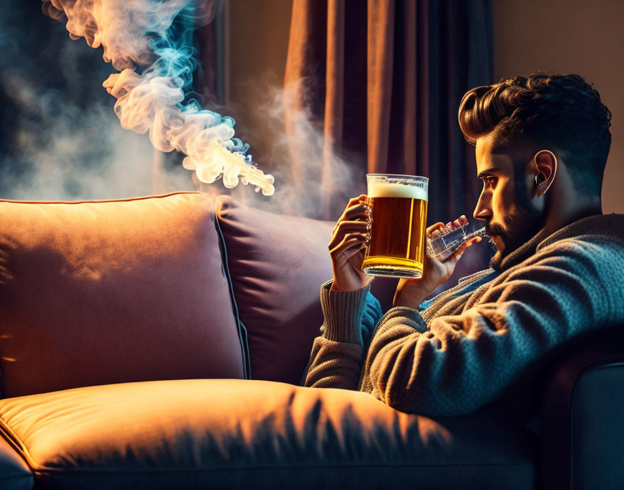 Bearded Man in Sweater with Beer Glass on Couch