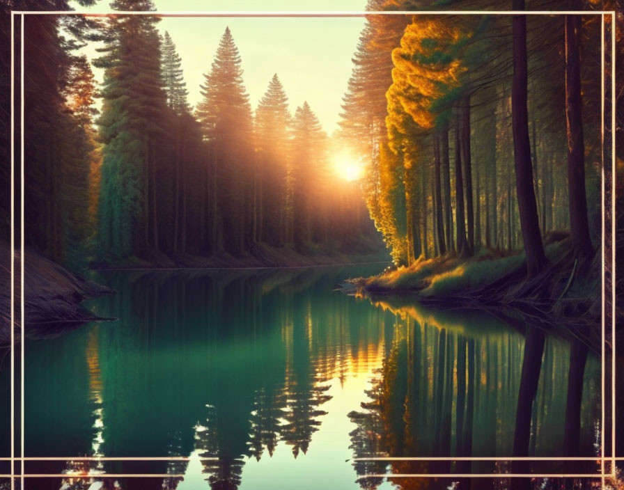 Tranquil forest landscape with tall trees mirrored in river at sunset