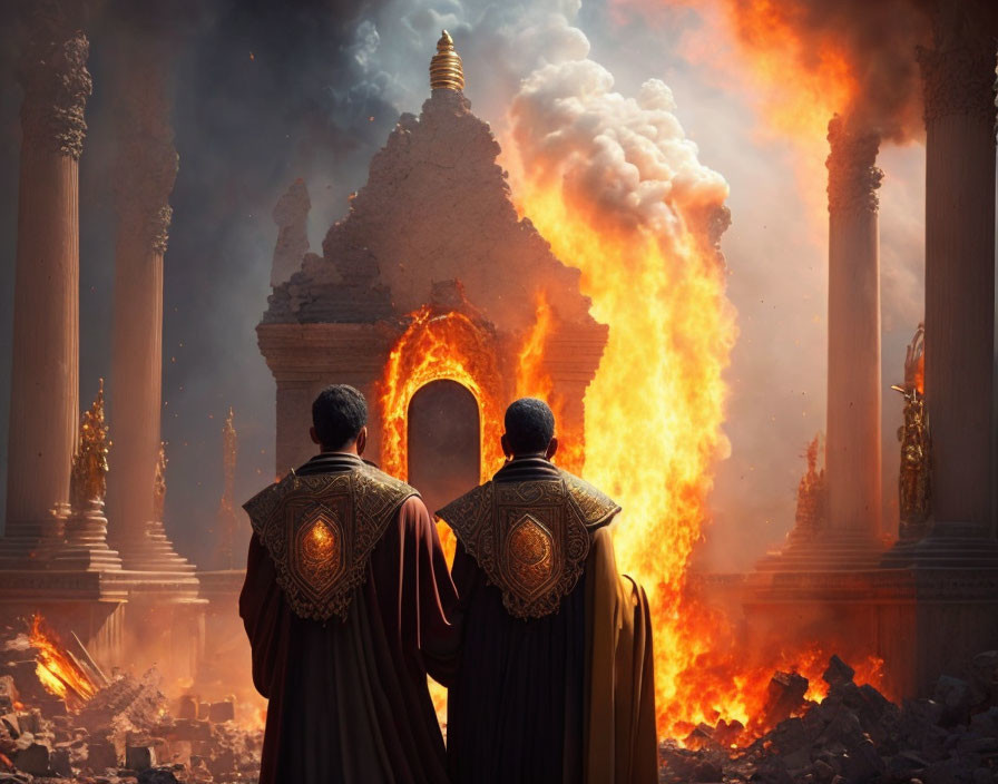 Embroidered cloaks figures witness burning ancient temple