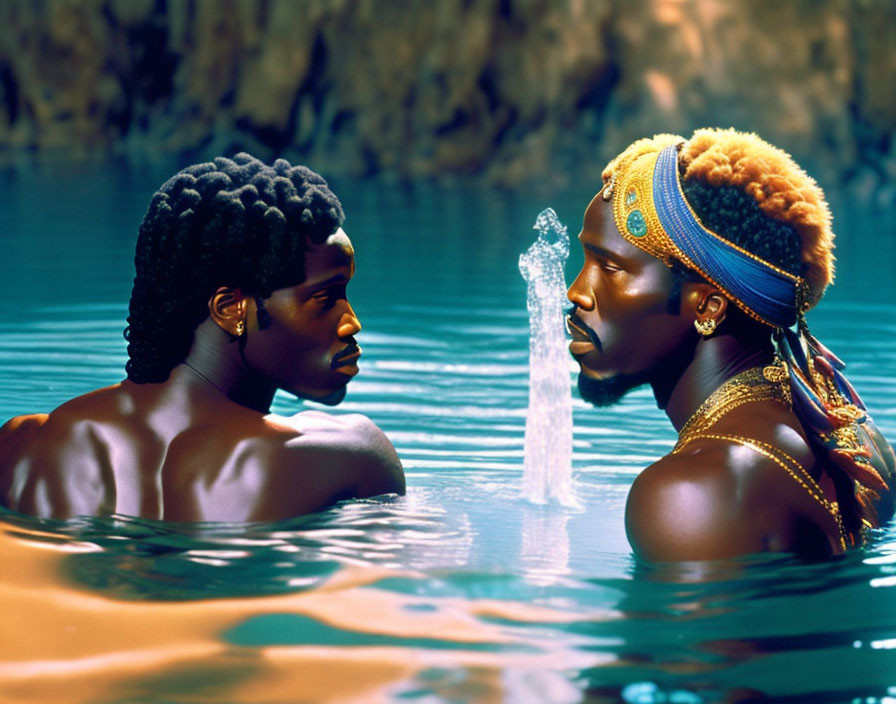 Two individuals submerged in water, adorned with colorful headbands and jewelry