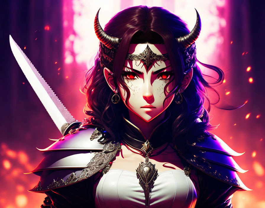 Animated female character in ornate armor with horns and dagger in fiery setting