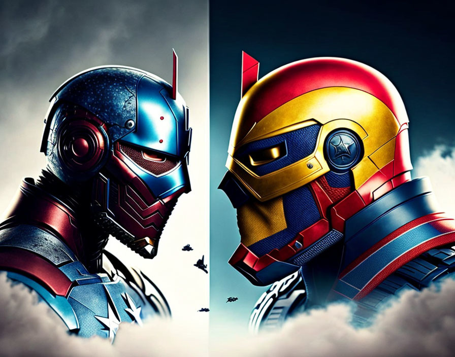 Stylized superhero helmets facing off under dramatic sky.