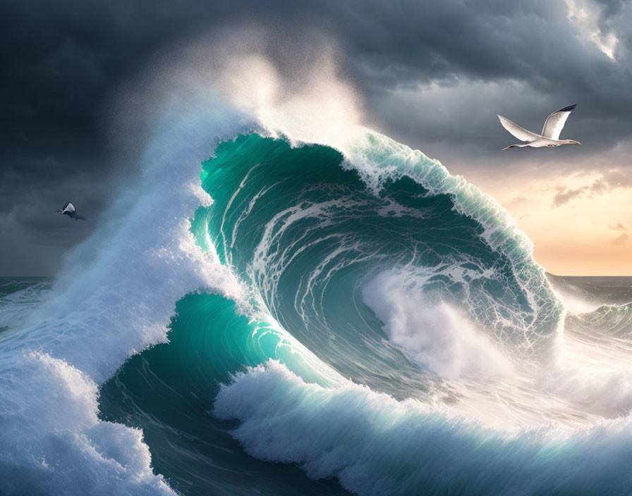 Gigantic wave under stormy sky with sunlight and seagulls