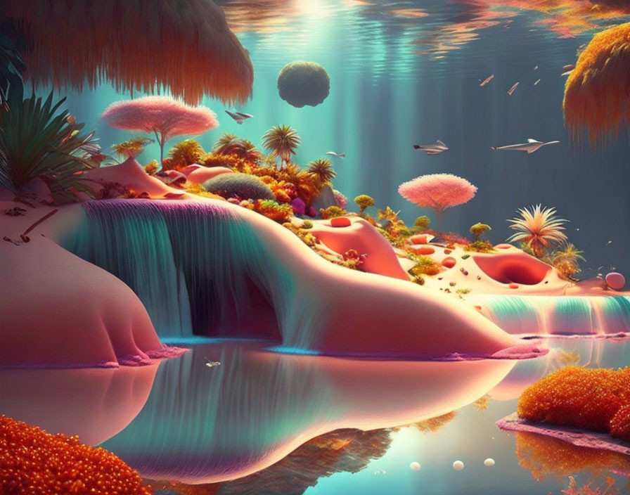 Vibrant surreal landscape: reflective lake, whimsical flora, floating spheres