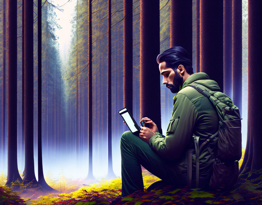 Person reading book in foggy forest among tall trees and sunlight.