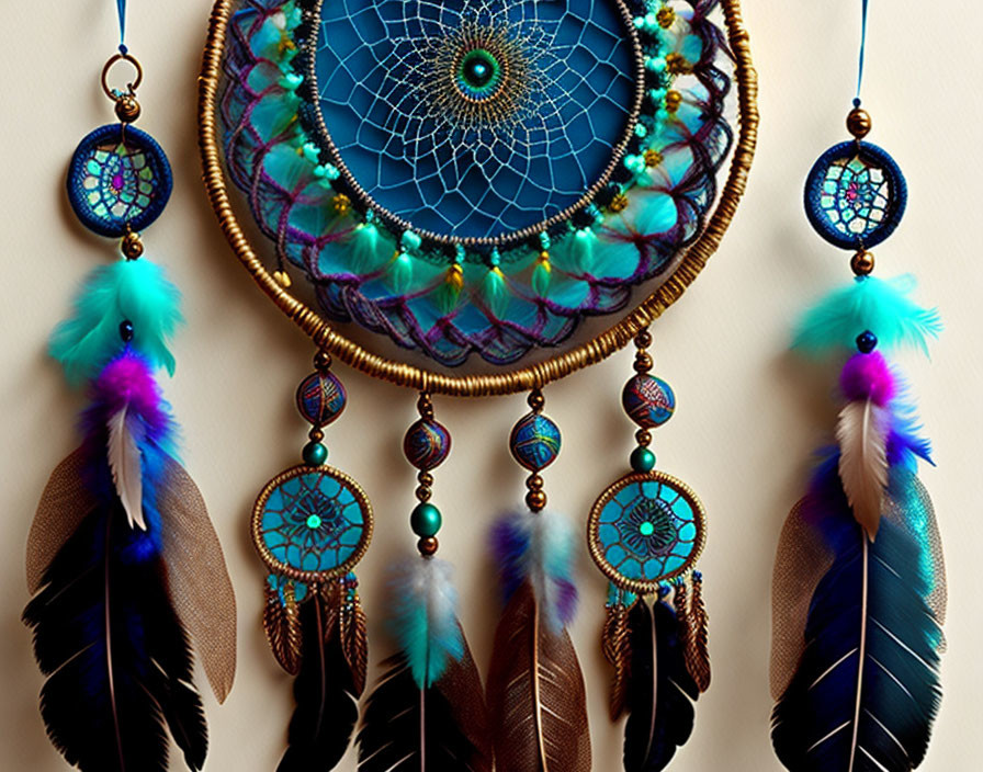 Vibrant feather dreamcatchers on neutral backdrop