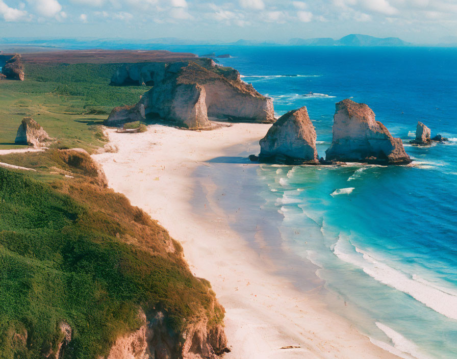 Sandy beaches, rocky cliffs, turquoise waters under blue sky