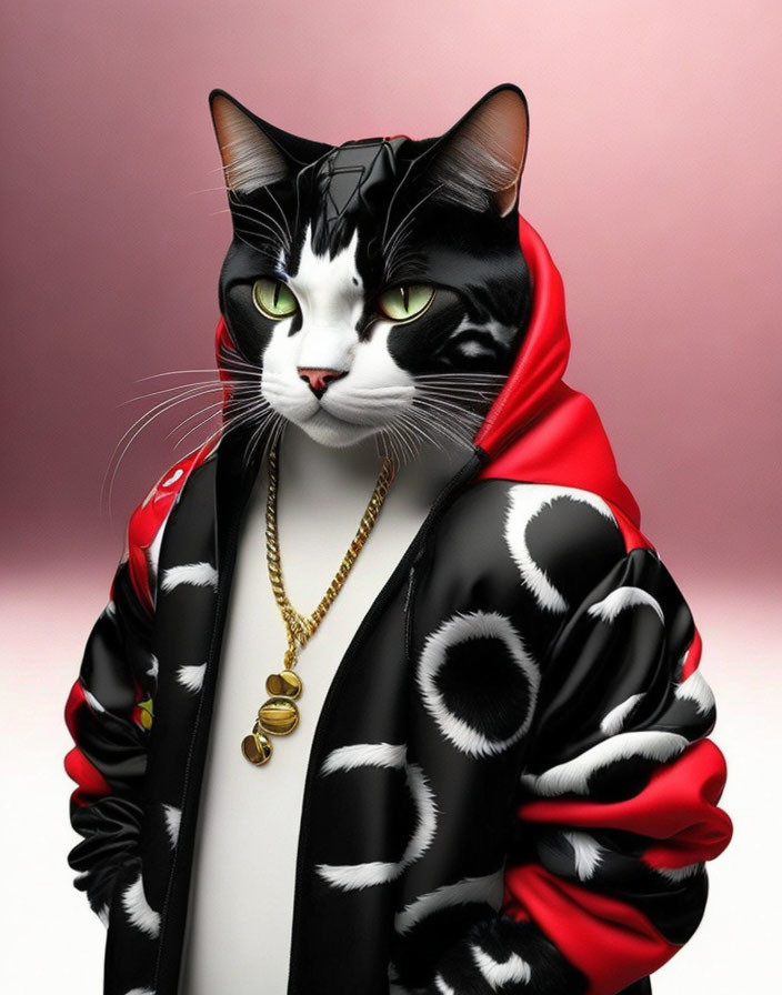 Anthropomorphic Cat in Red Hoodie on Pink Background