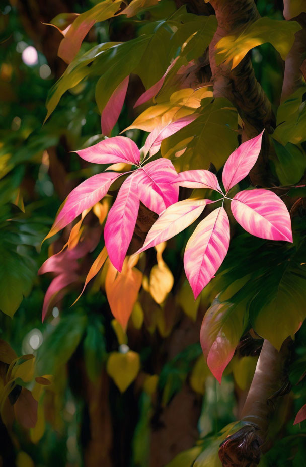 Pink Leaves Stand Out in Green Foliage with Sunlight