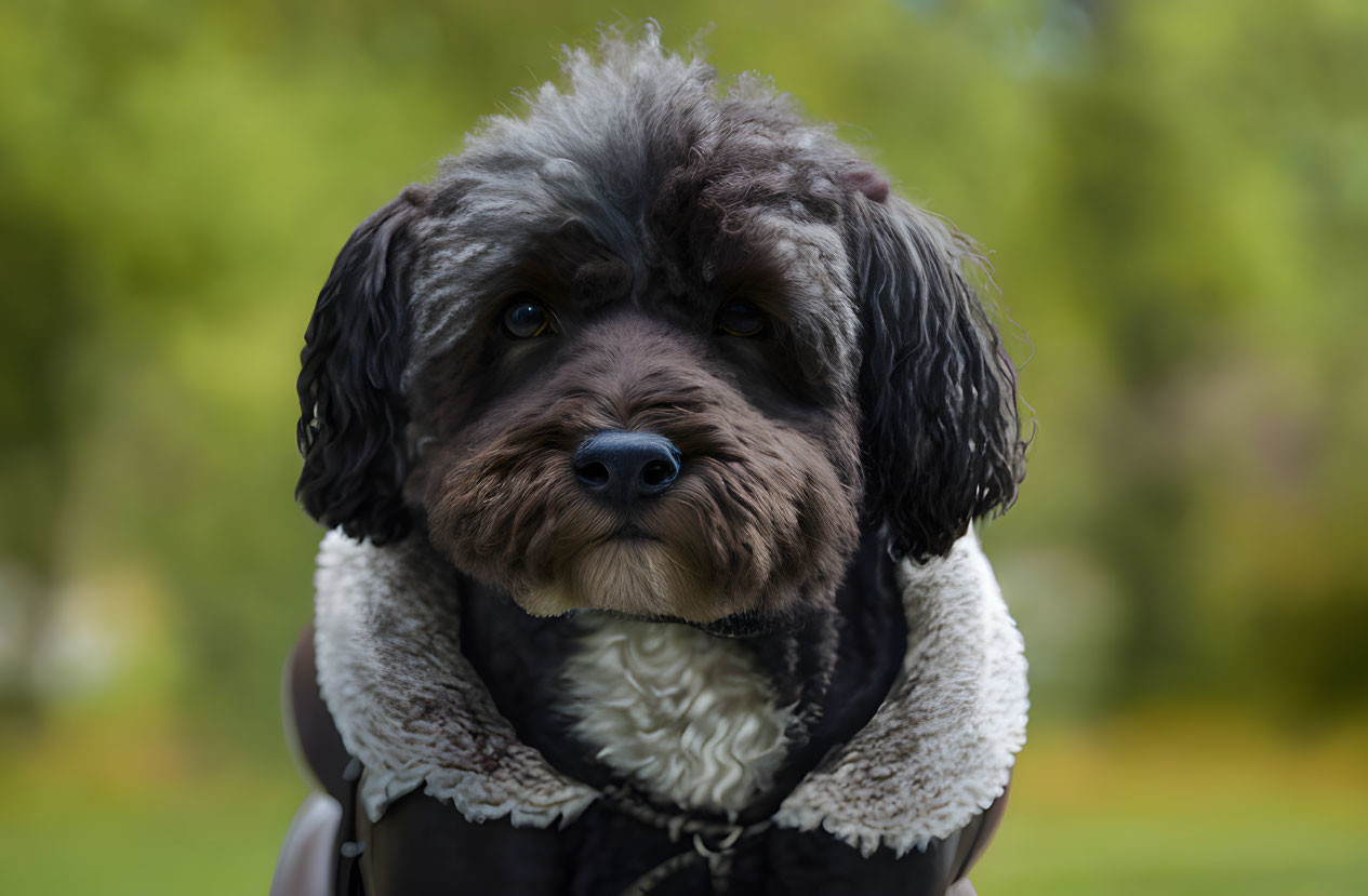 Fluffy black and brown dog in sherpa-lined vest against green background