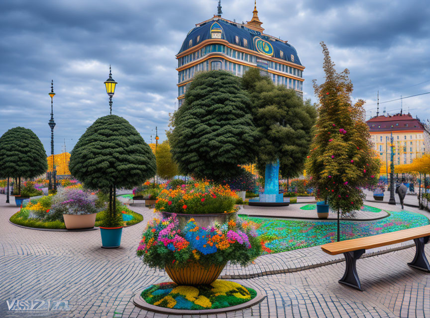 Sculpted trees and colorful flowers in urban garden landscape