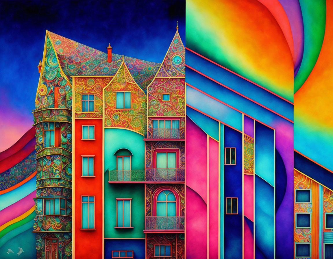 Colorful whimsical artwork: stylized ornate house, modern buildings, rainbow sky