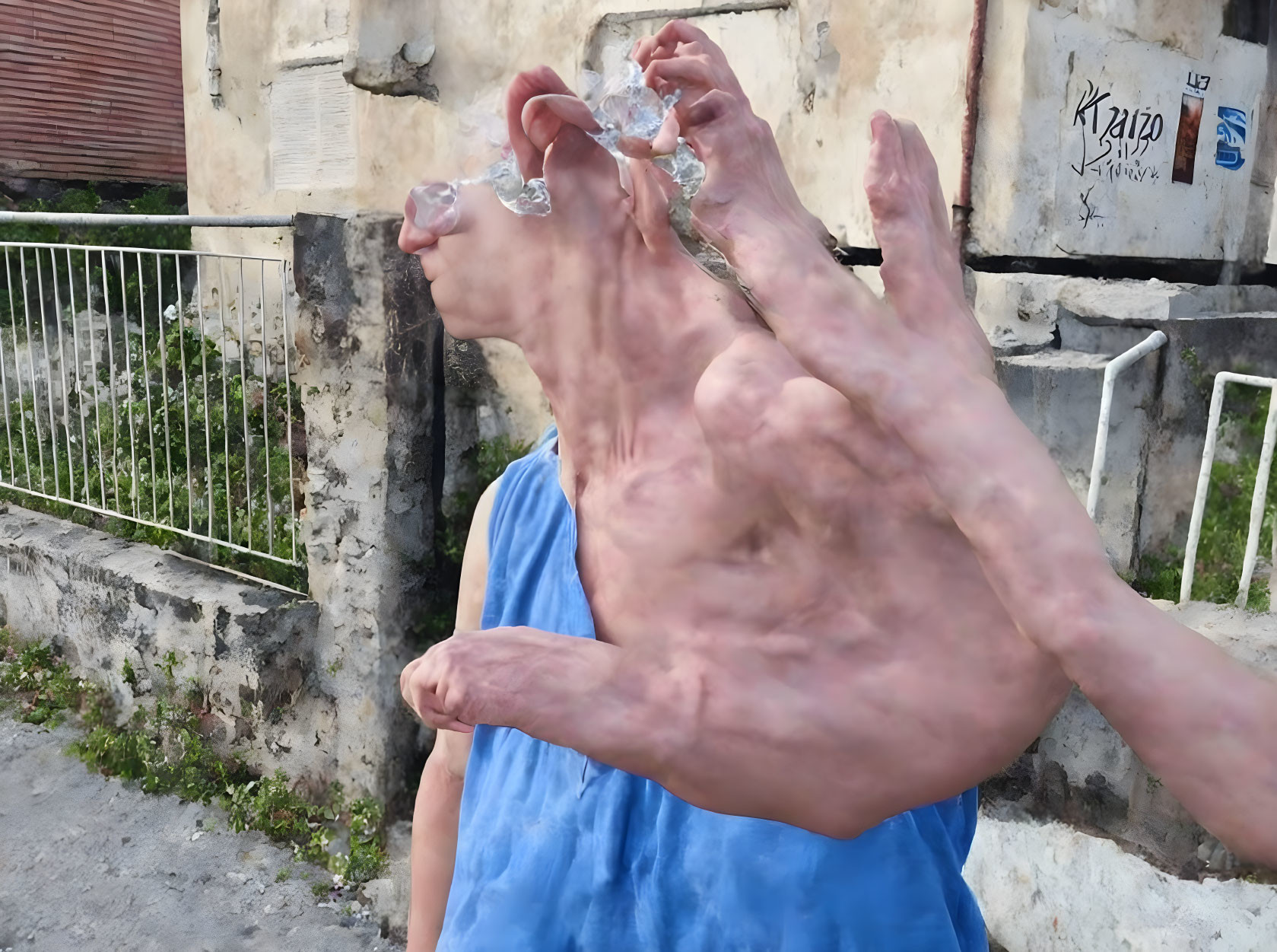 Surreal image of person with elongated neck and oversized hand in urban setting