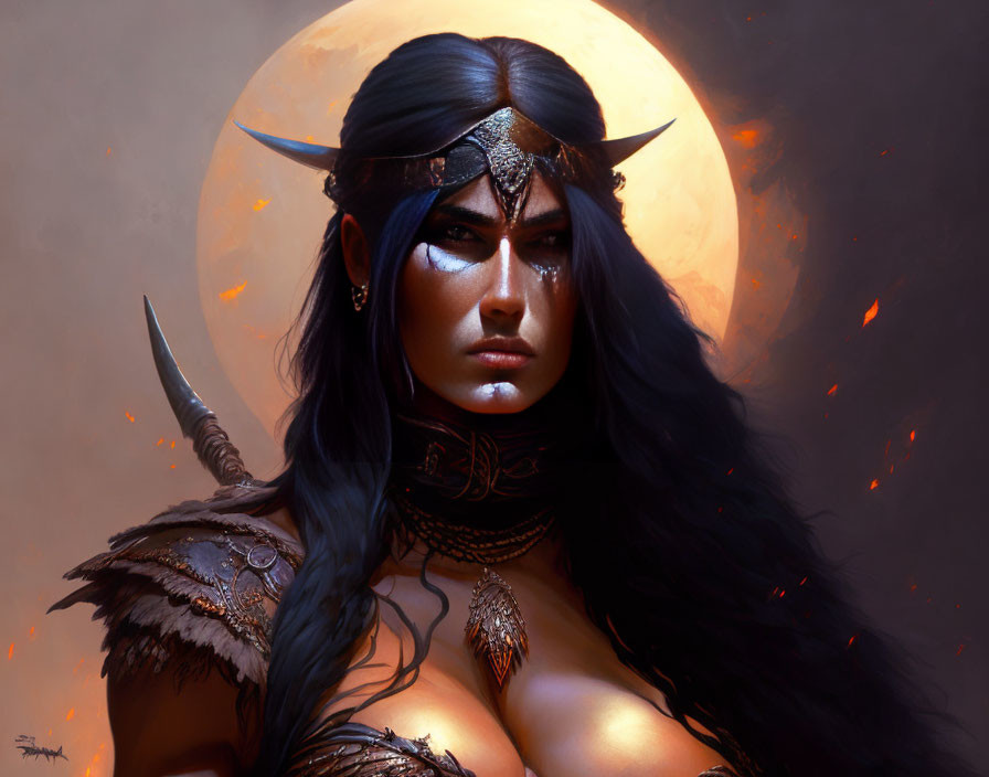 Fantasy art painting of fierce female warrior with dark hair, horns, armor, and glowing moon.