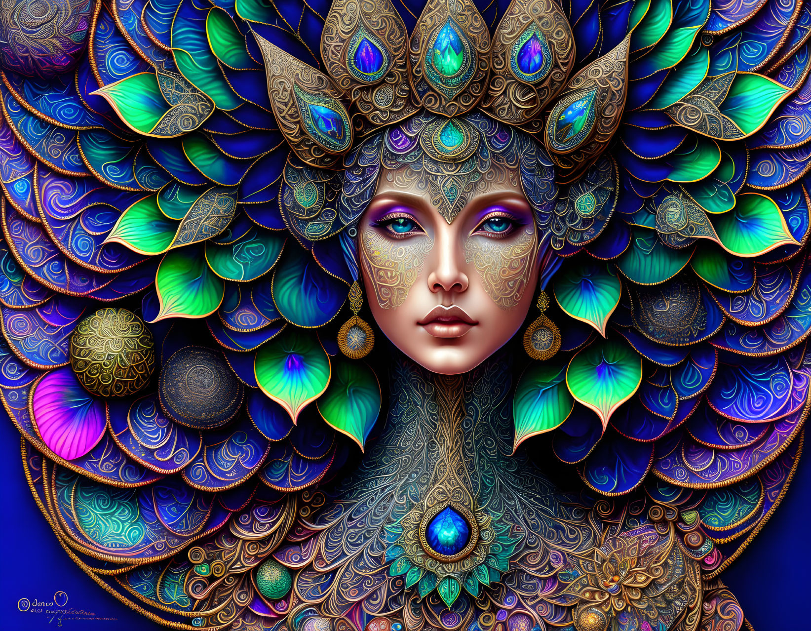 Colorful digital art: woman with peacock-feather crown and golden jewelry