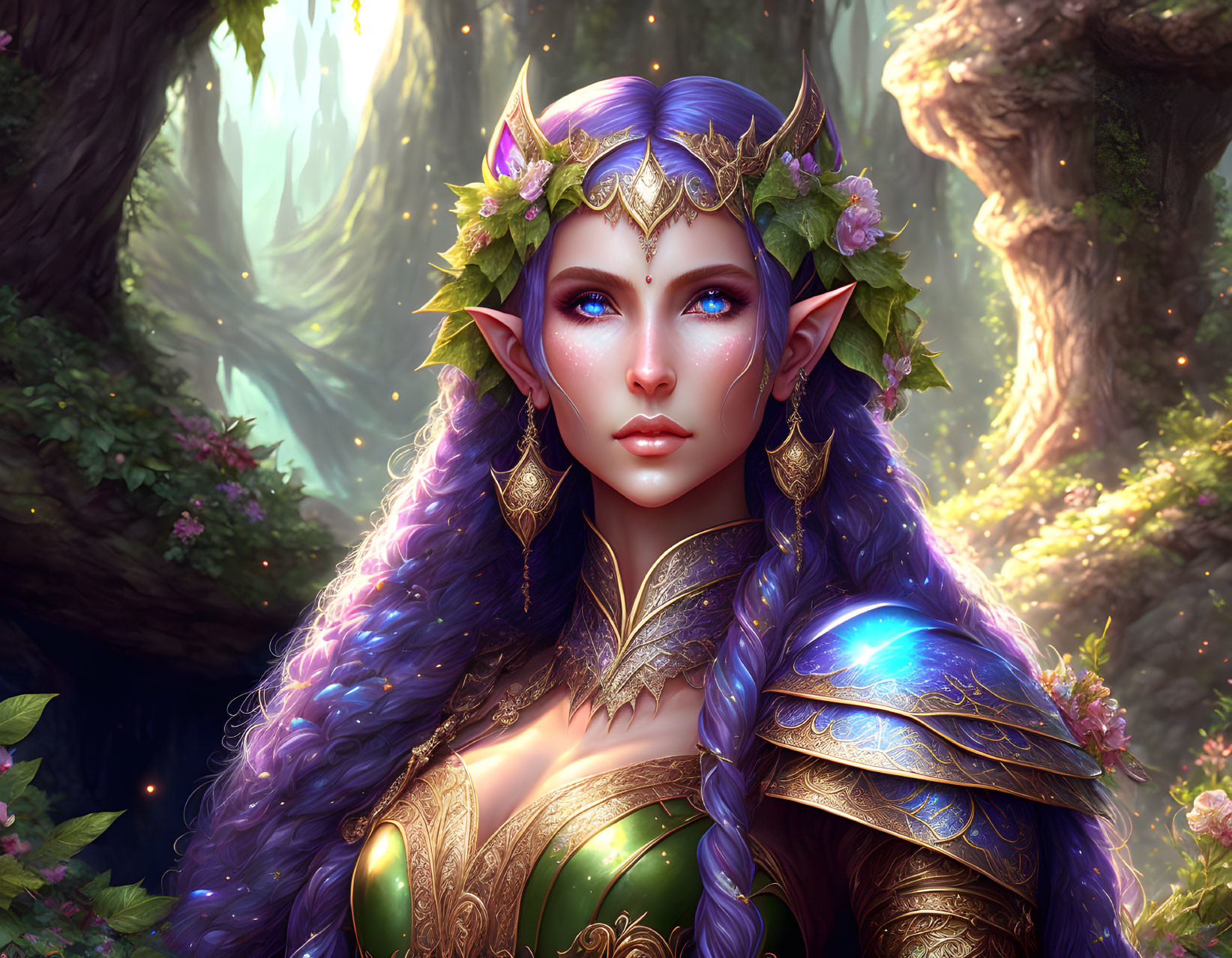 Blue-eyed fantasy elf with purple hair in golden crown and armor in enchanted forest.