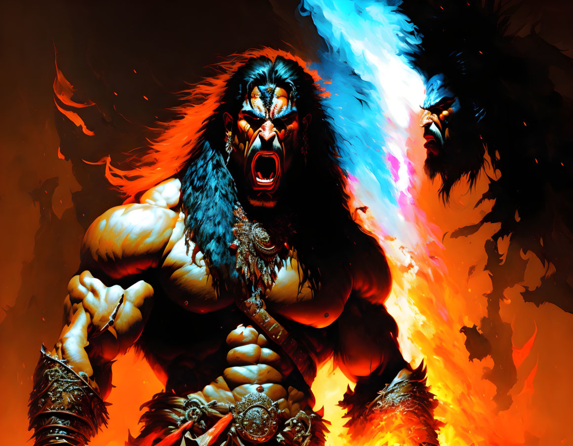 Muscular barbarian warrior in fiery digital art