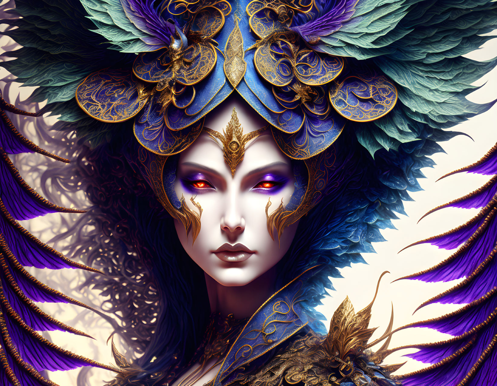 Fantasy portrait of woman with blue and gold feathered headdress