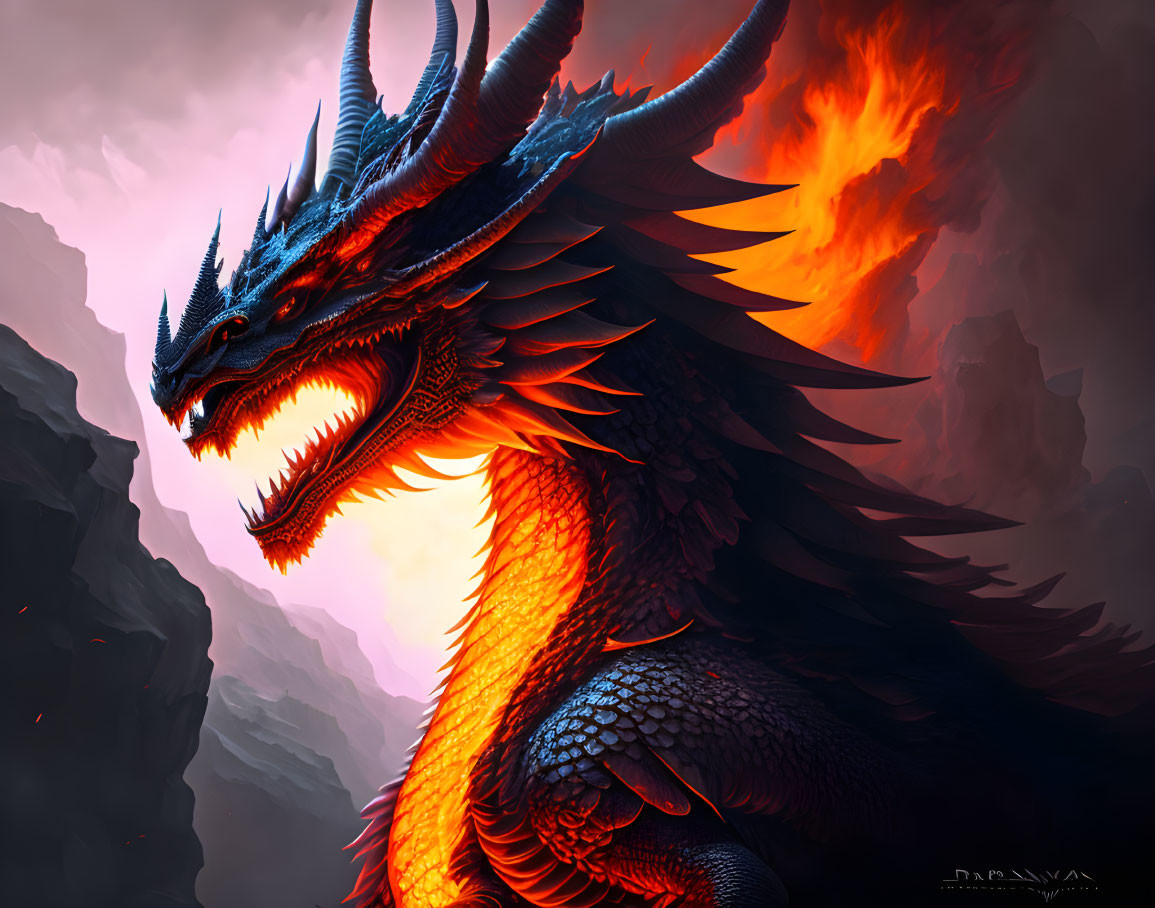 Majestic dragon with orange underbelly and blue-black scales in misty mountain backdrop