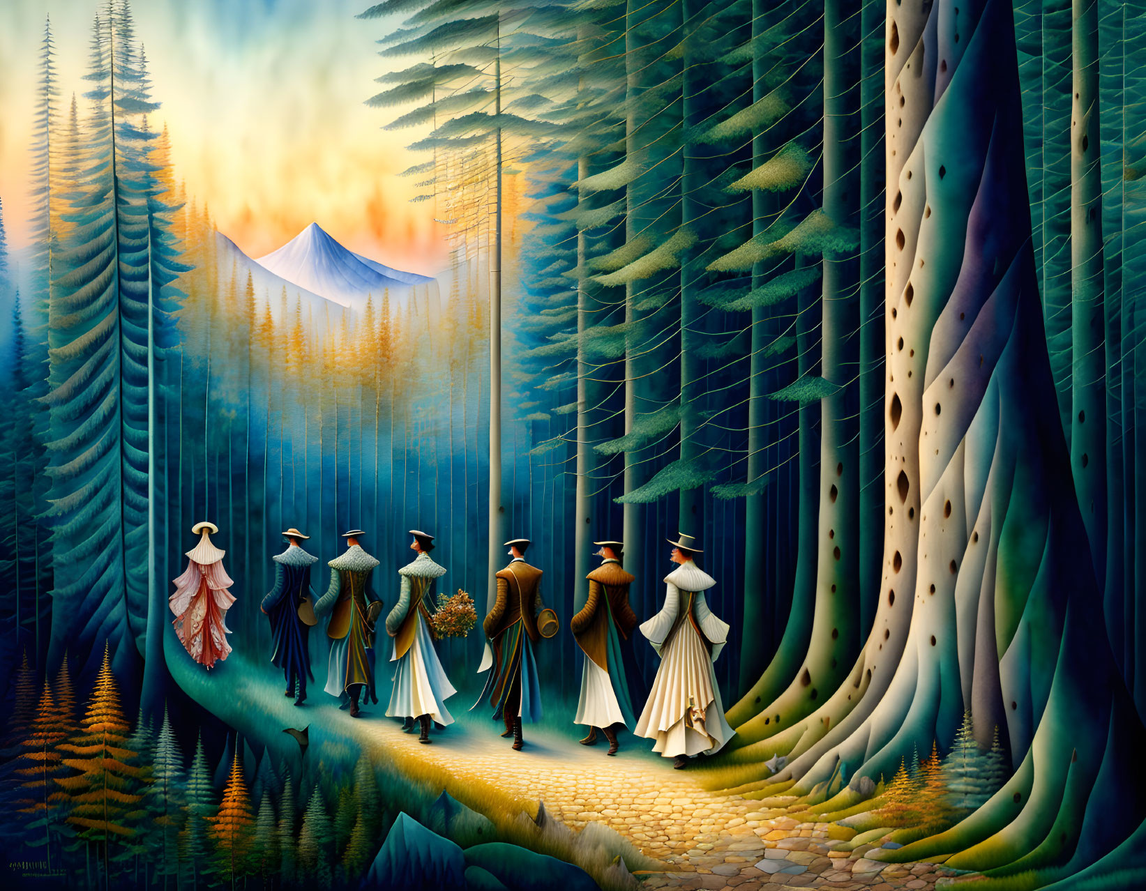 Historical figures in period attire walking in stylized forest with tall trees and mountain.