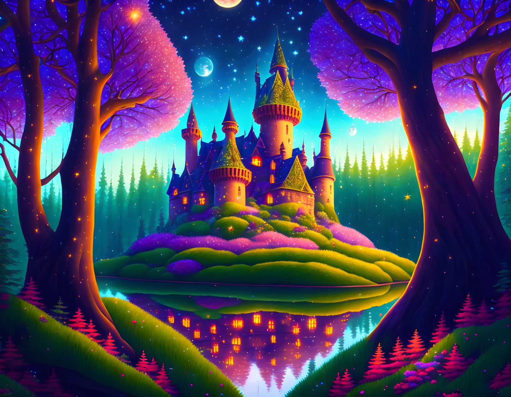 Fantastical castle with illuminated towers on lush island surrounded by forest