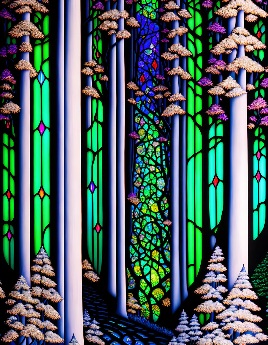 Colorful Stylized Forest Scene with Intricate Stained Glass Background