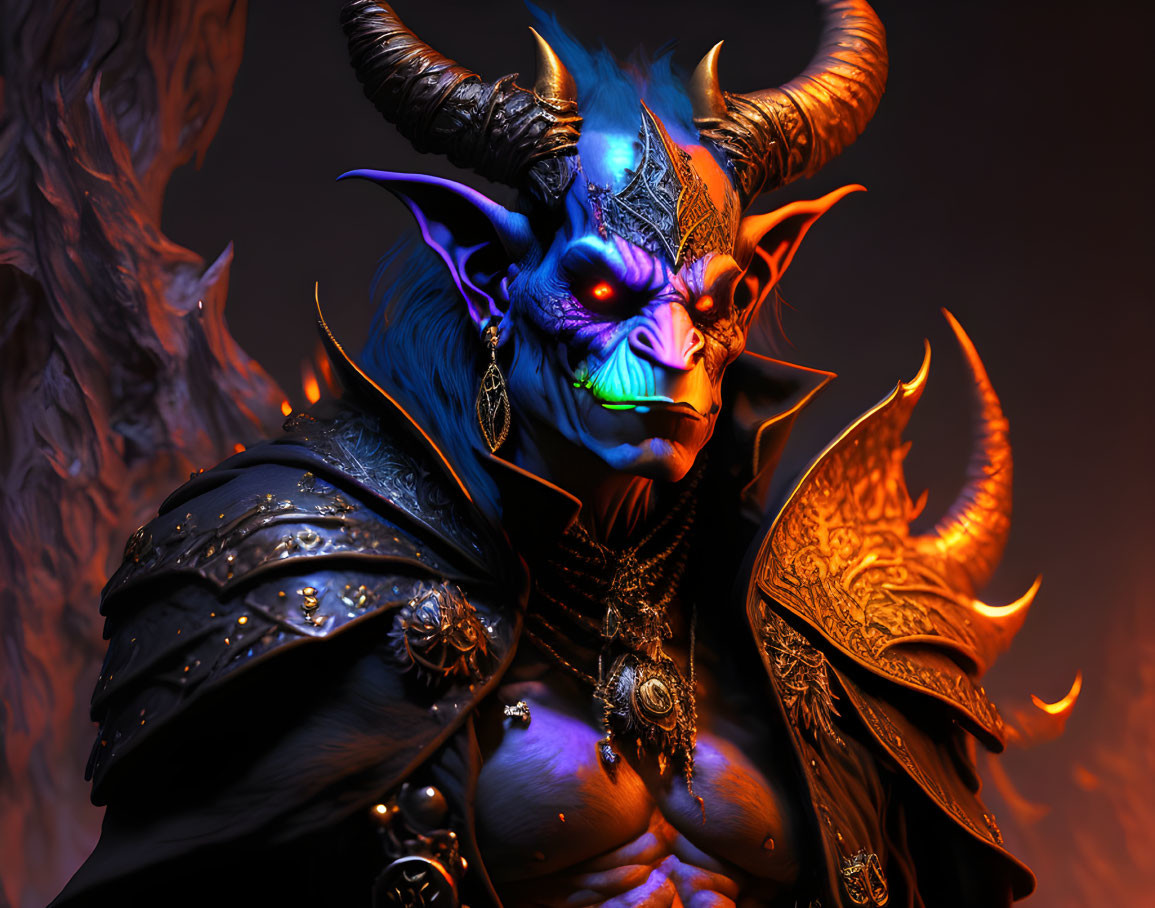 Detailed 3D Artwork of Menacing Blue Demon with Horns and Armor