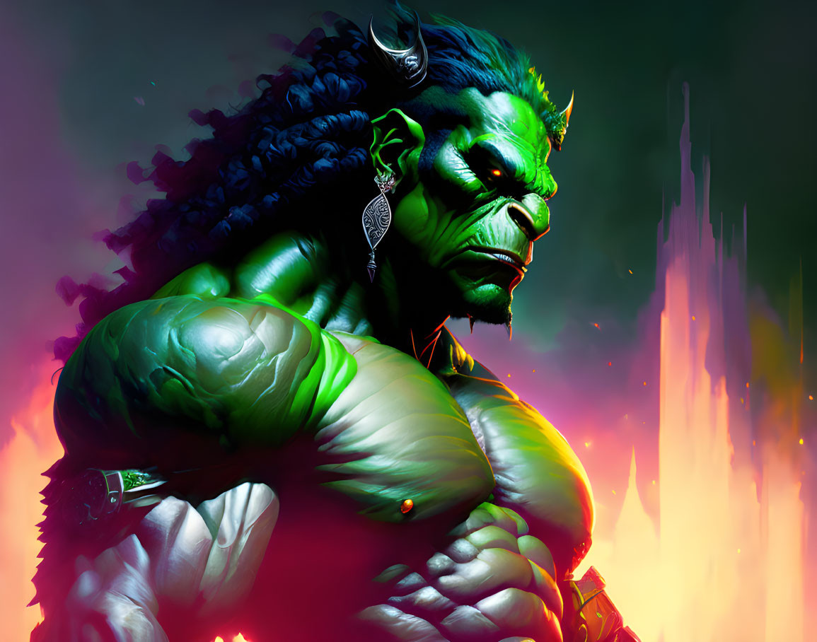 Fantasy-themed artwork of a green-skinned orc with tusks and braided beard