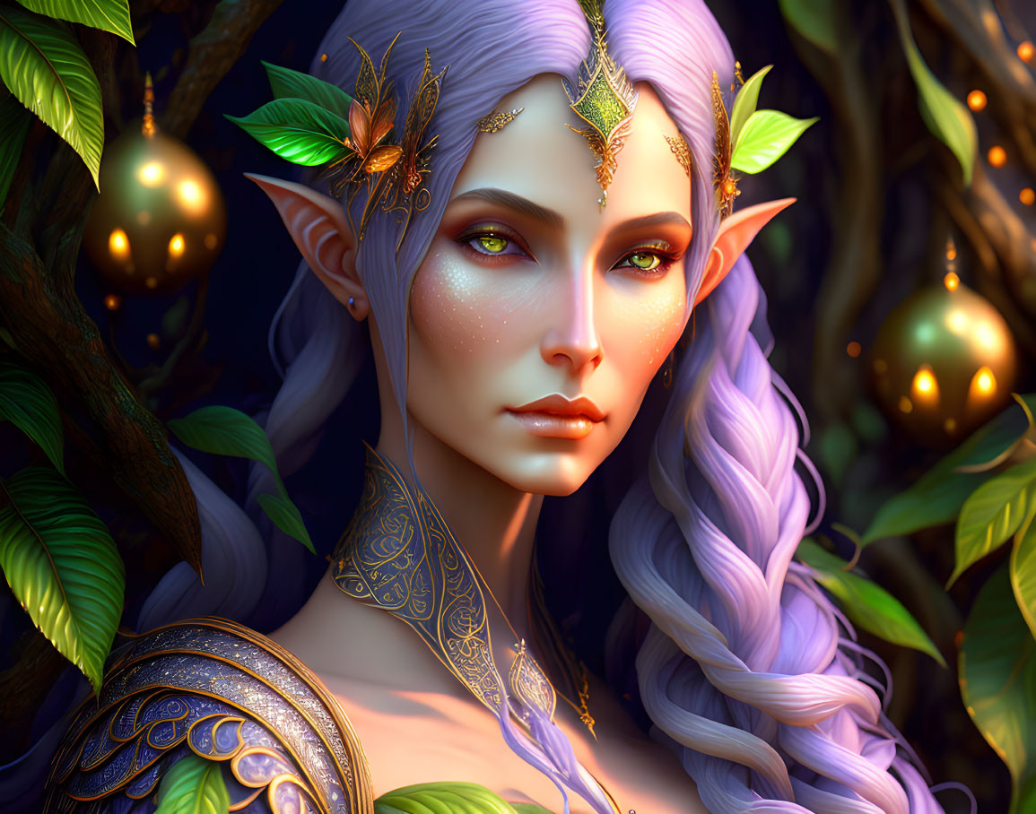 Fantastical elf with purple hair and gold jewelry in lush forest