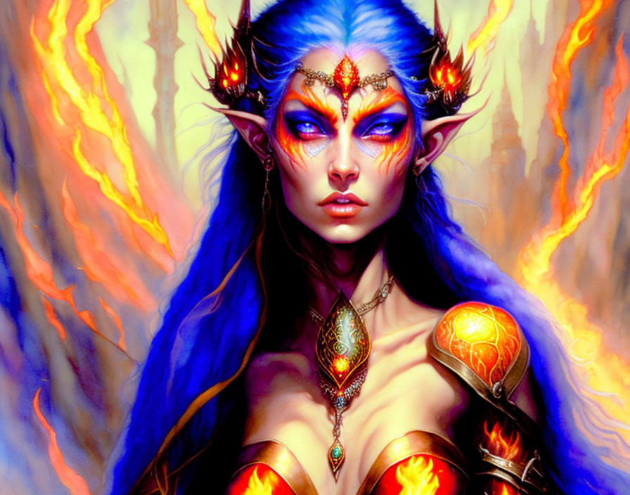 Blue-skinned elf in golden armor with fiery backdrop