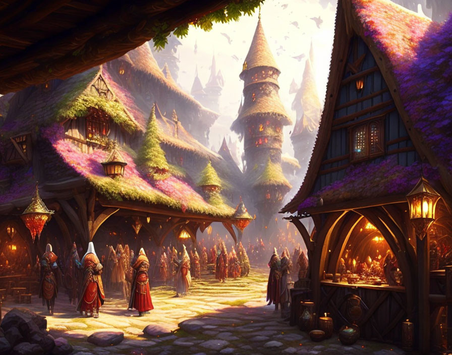 Fantasy village with thatched-roof cottages and cloaked villagers amid misty forest.