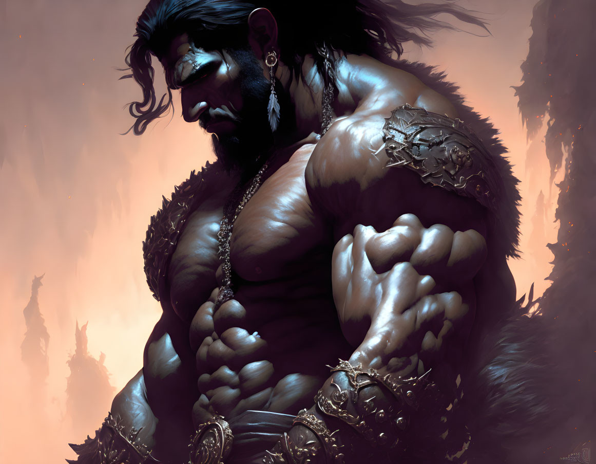 Muscular fantasy warrior in fur and armor against dark, misty landscape