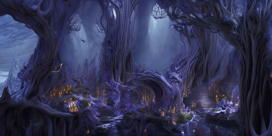 Mystical forest with purple trees, glowing flora, and misty atmosphere