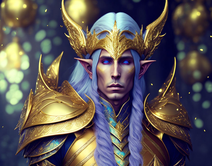 Golden-armored elf with crown, blue eyes, white hair on bokeh background