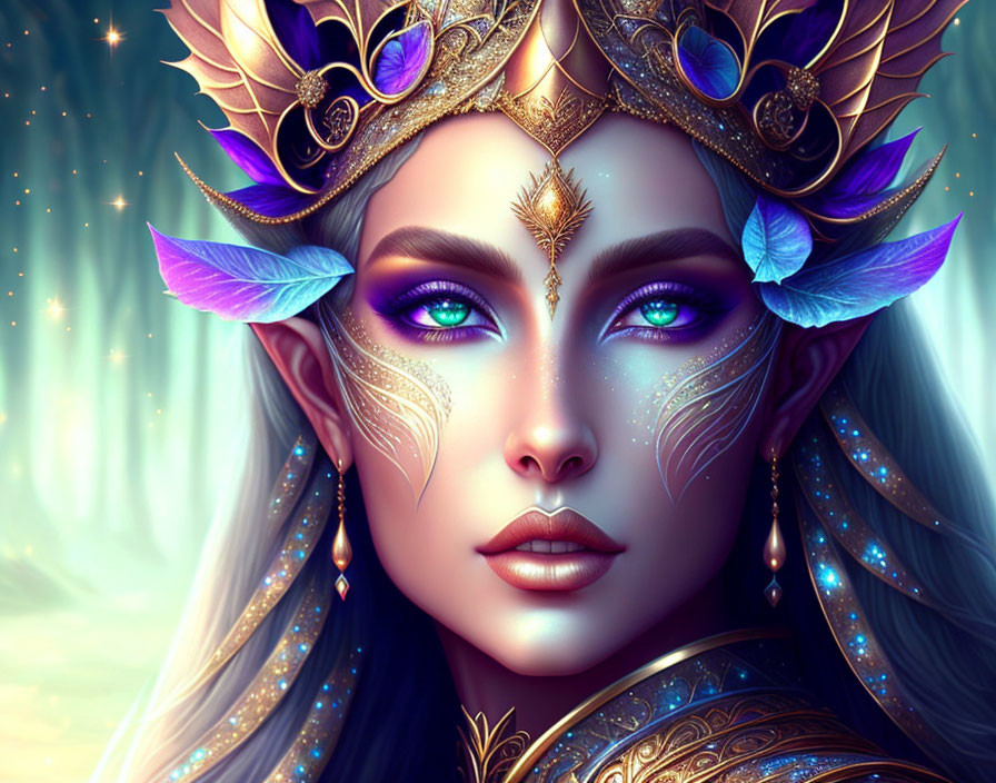 Elven woman digital artwork with golden crown and violet feathers