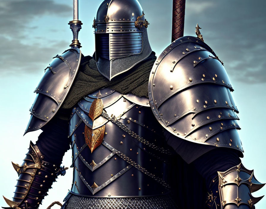 Ornate knight in steel plate armor with sword against cloudy sky