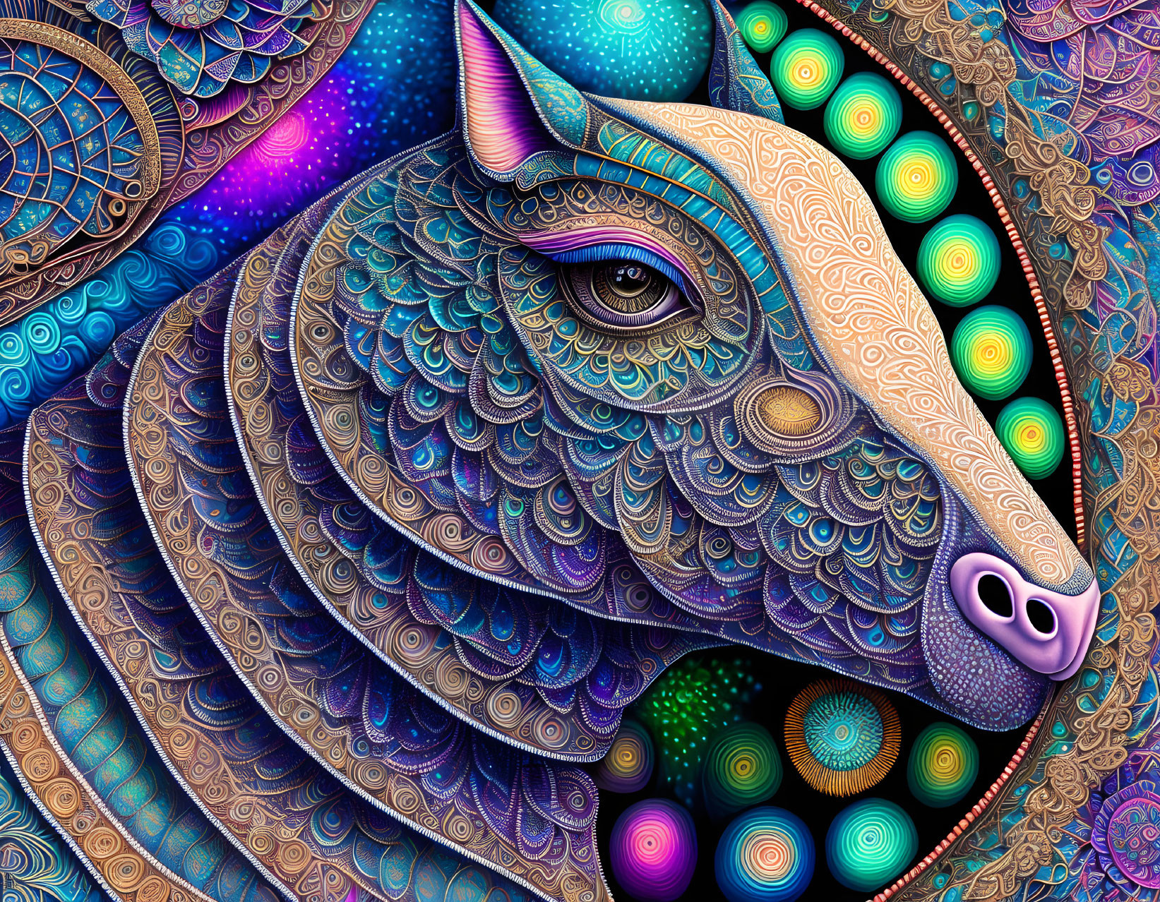 Colorful Stylized Cat Illustration with Intricate Patterns on Abstract Background