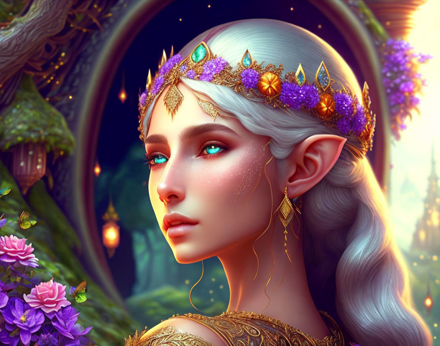 Elven character with golden headpiece in magical forest